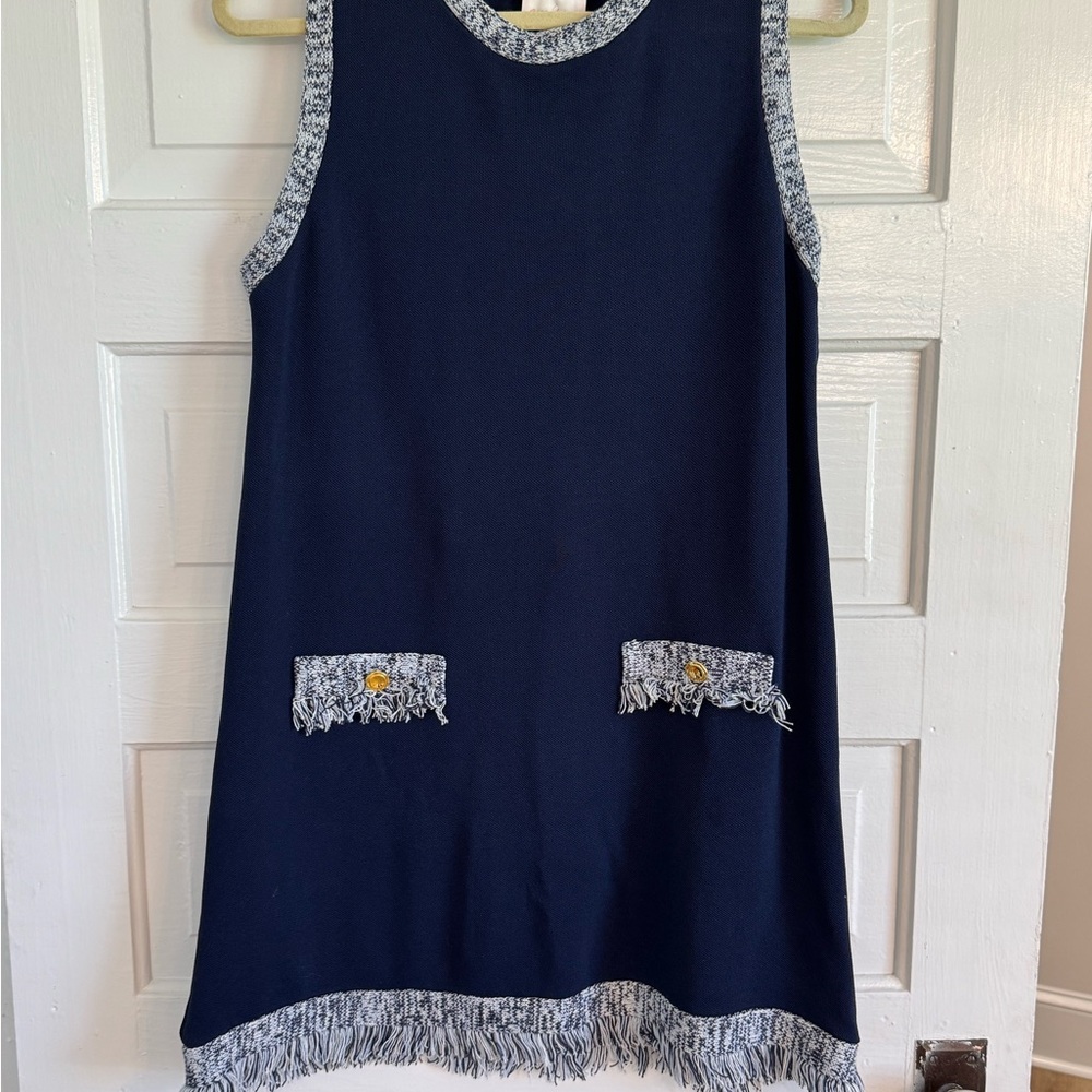 Entro Navy Blue Dress with Fringe Accents